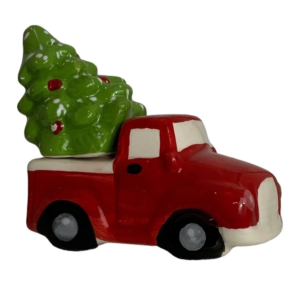 Christmas Salt Pepper Shakers Vintage Farm Truck and Tree Hand Painted Ceramic - Picture 1 of 13